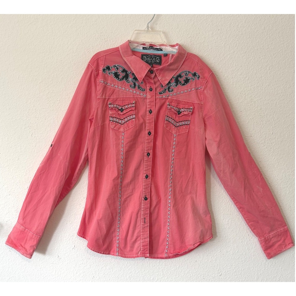 Grace in LA Western Button Down Shirt Medium Coral Cowgirl Boho Rodeo Y2K